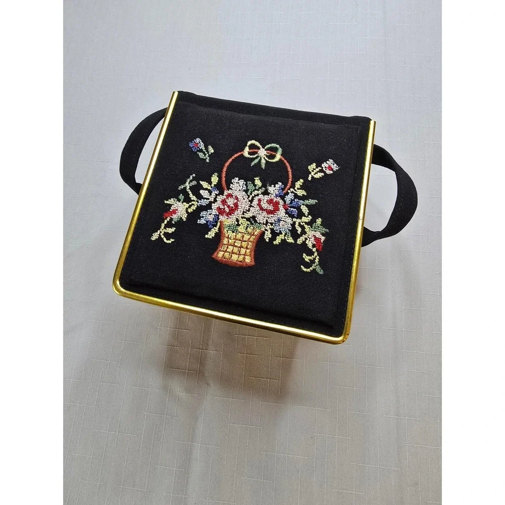 Vintage 1940s 1950s Black Box Purse Needlepoint Floral Basket Gold Frame Handbag